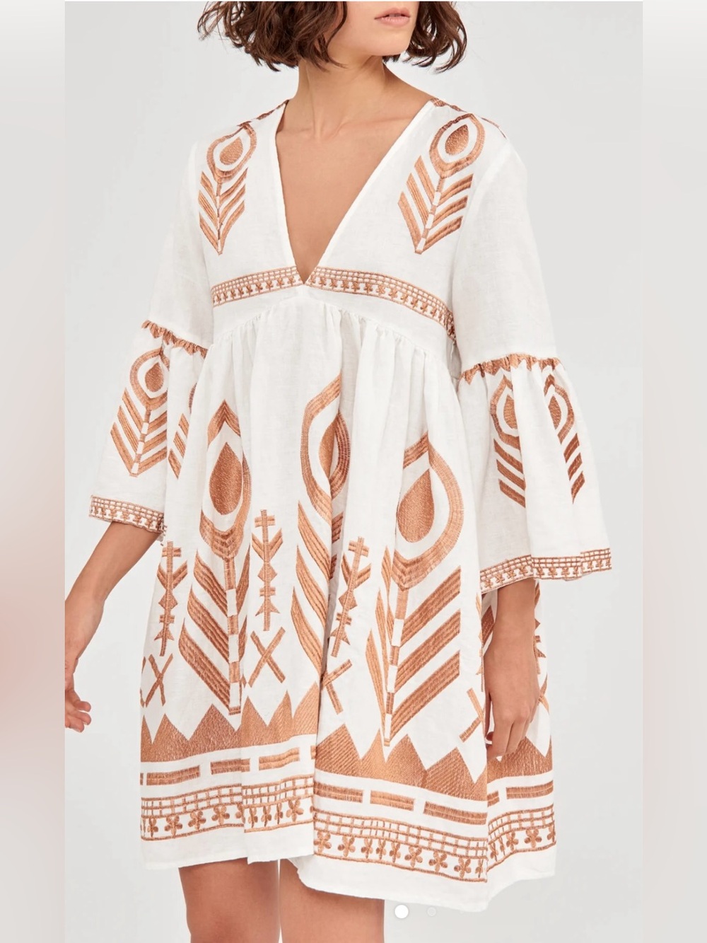 Greek Archaic Kori Linen Embroidered Dress XS